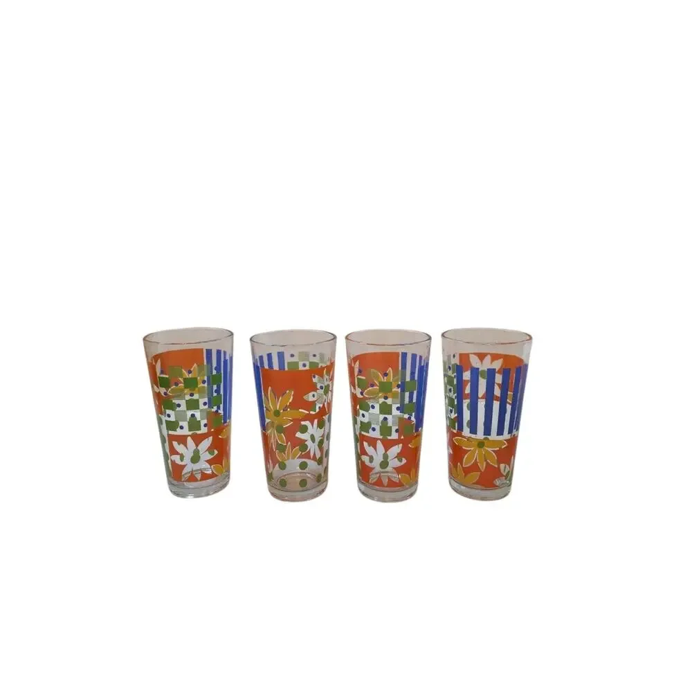 Vtg KIG Vertical Stripe Blue Green Clear MCM Drinking Glasses 12 oz Retro Kitsch